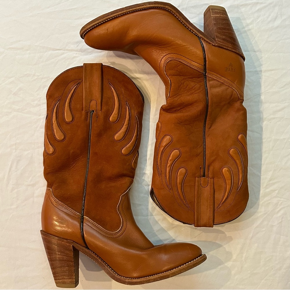 Frye 7075 Vintage Brown Leather Western Cowboy Boots Women's Sz 8 B Camel